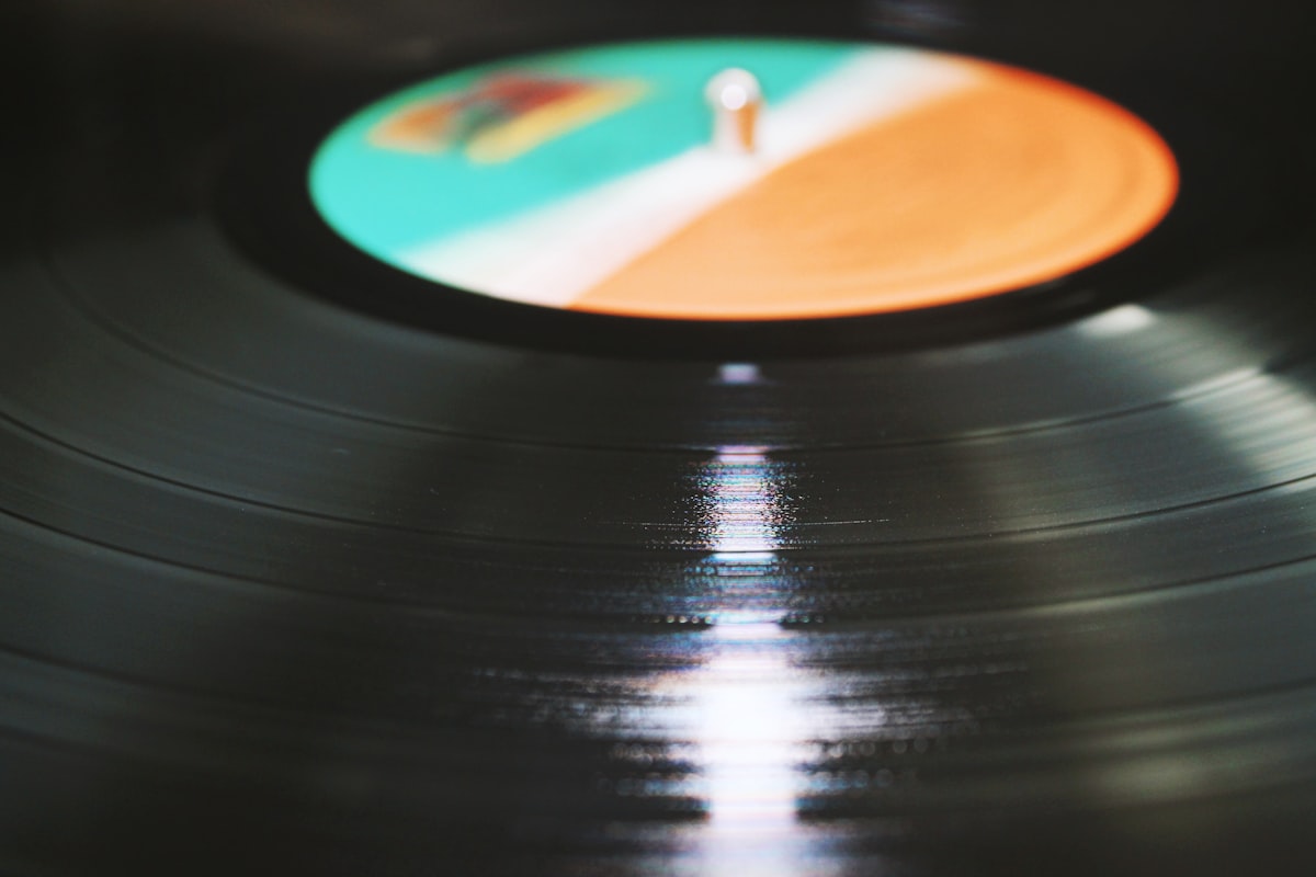 Close-up of vinyl record label and catalogue details